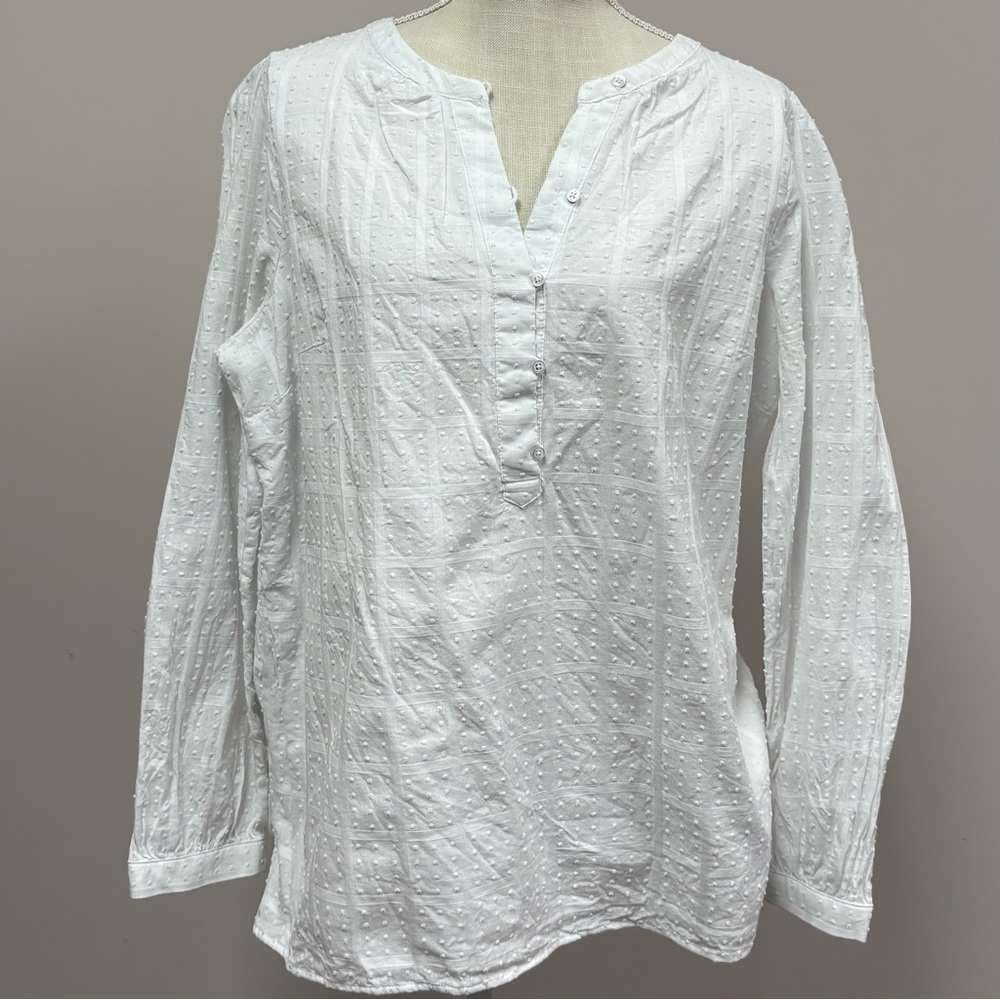 Talbots White Swiss‎ Dot Textured Blouse Long Sleeve Boho Top XL
